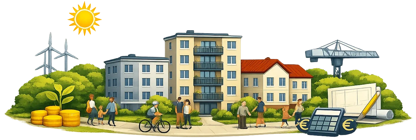 Logo zeigt Gebäude mit Menschen